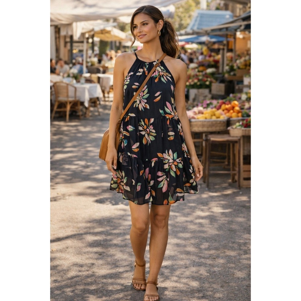 FRNCH Paris Mona Floral Halter Mini Dress Tiered Black Size S Boho Casual